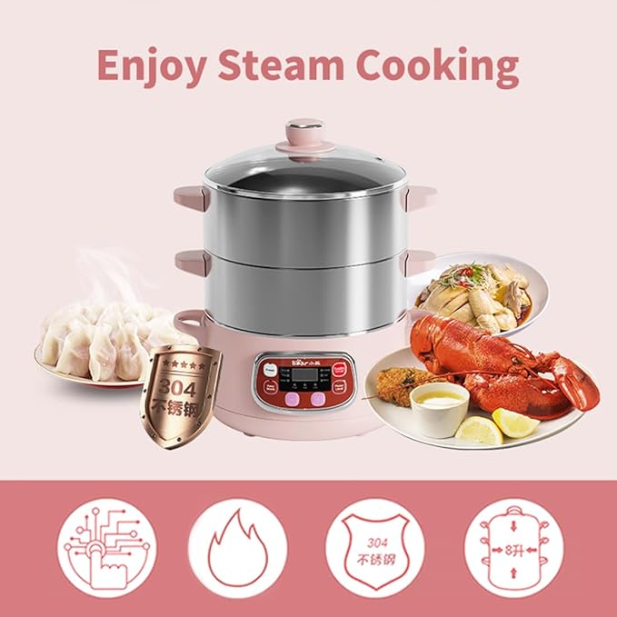 Bear Electric Multifunctional Food Steamer, One Touch Digital Steamer with Timer, Vegetable Steamer 2 Tiered Stackable Stainless Steel Baskets, Auto Shut-off & Anti-dry Protection, 1200W, 8.5Quart