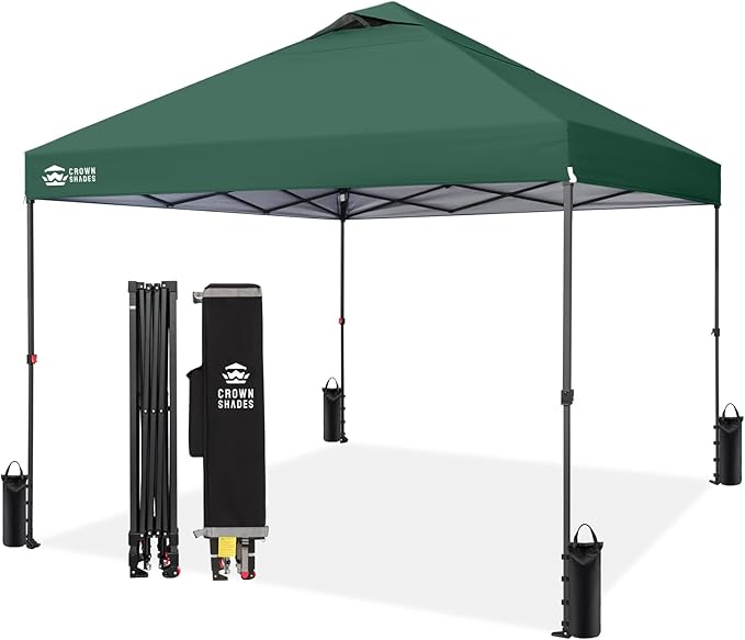 CROWN SHADES 10x10 Pop Up Canopy - Patented Center Lock One Push Instant Outdoor Canopy Beach Tent with STO-N-Go Bag 8 Stakes & 4 Sand Bags，Forest Green