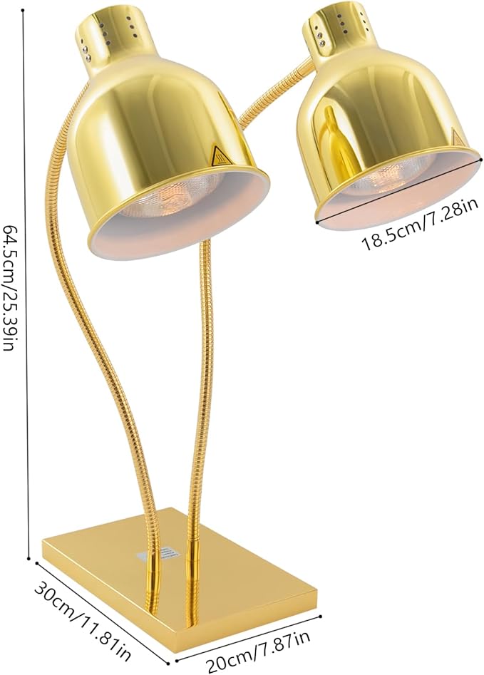 Food Heat Lamp Warmer Gold, 500W Double Bulbs Buffet Display Heating Preservation Light, Lighting for Food Buffet, Electric Portable Infrared Heating Lamp with 360°Adjustable Head (Gold)