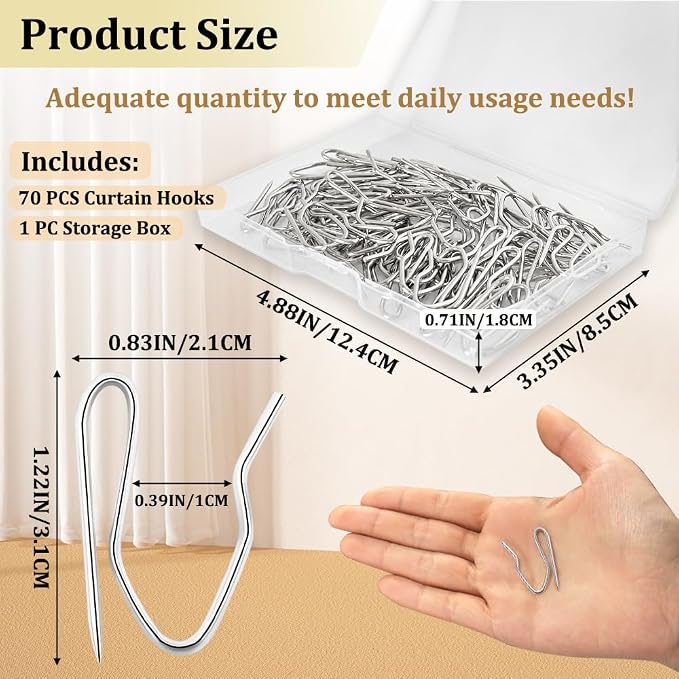 70PCS Curtain Hooks, 1.2 Inch Metal Drapery Pin and Hook, Rustproof Stainless - Image 2