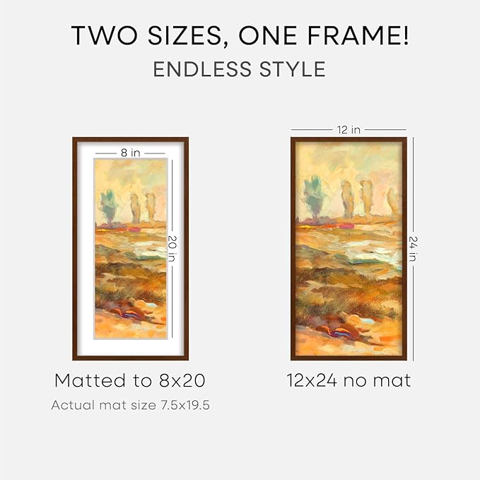 Homeforia 12x24 Picture Frame Brown, High End Dark Oak 12x24 Walnut Wood Poster Frame with Mat 8x20 Print, 12 x 24 Wooden Frame Matted to 8 x 20 Photo, 24x12 Frames, Tempered Glass, Wall Kit, Set of 1