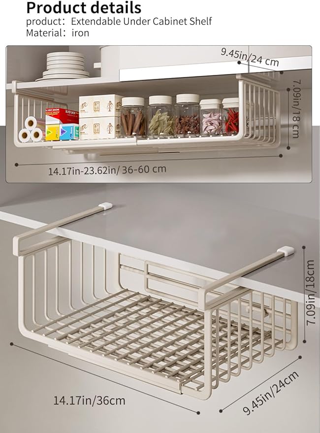 Extendable Under Shelf Storage Basket, Hanging Baskets Under Cabinet Shelf Organizer, for Cabinet Pantry Kitchen Cupboard Desk Counter Bookshelf Space Saver Heavy Duty Slide-in (Black, 2 Pack)