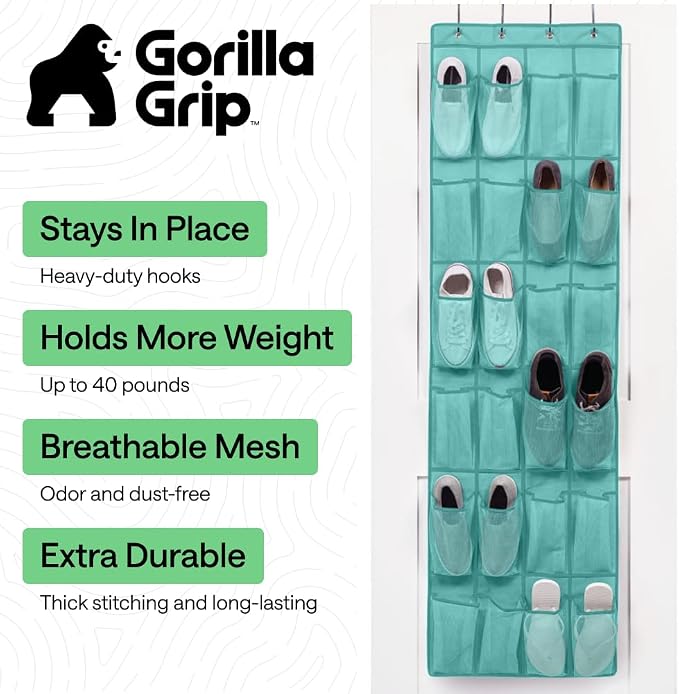 GORILLA GRIP Over the Door Shoe Organizer, 24 Large Pockets, Turquoise | - Image 2
