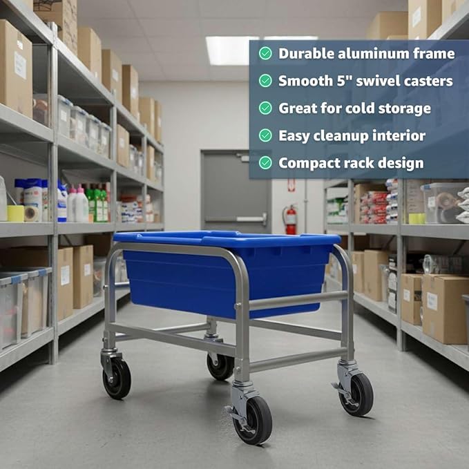 16"x26"x19" Mobile Aluminum Lug Rack with Blue Meat Lug Tote Box - NSF Heavy-Duty 1 Lug Capacity Food Storage Cart with 5" Swivel Casters, Freezer Safe, Commercial Cart for Seafood, Ingredients