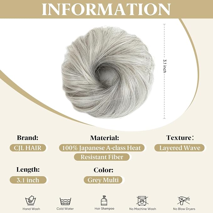 CJL HAIR 2PCs Small Cute Messy Bun Hair Piece for Thin Hair Women Mini Synthetic Curly Bun Scrunchies Updo Hairpieces Grey Multi