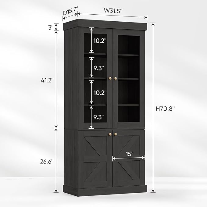 Vyre 71" Tall Farmhouse Kitchen Pantry, Set of 3 Large Storage Cabinets with Glass Doors, Adjustable Shelves, Wood Versatile Hutch Cabinet for Living Room, Dining Room, Black