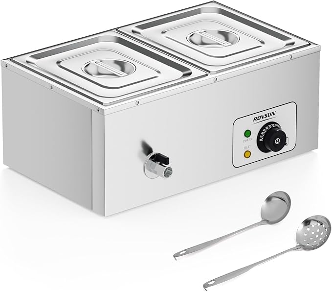 ROVSUN 21QT Electric Commercial Food Warmer, 2-Pan Steam Table 10.6 QT/Pan Stainless Steel Bain Marie Buffet Countertop with Temperature Control & Lid for Parties, Catering, Restaurants 110V