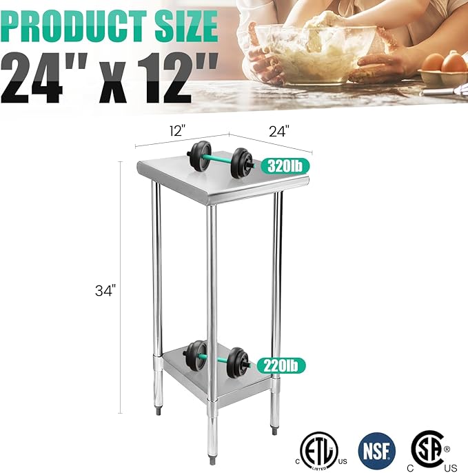 STABLEINK NSF Stainless Steel Table, 24 x 12 Inches Small Metal Prep & Work Table with Adjustable Undershelf, for Commercial Kitchen, Restaurant, Hotel and Garage