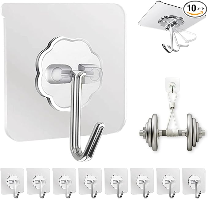 DDMY Adhesive Wall Hooks Clear 50lb Heavy Duty Hanging Sticky-10 Pack | Heavy by DDMY