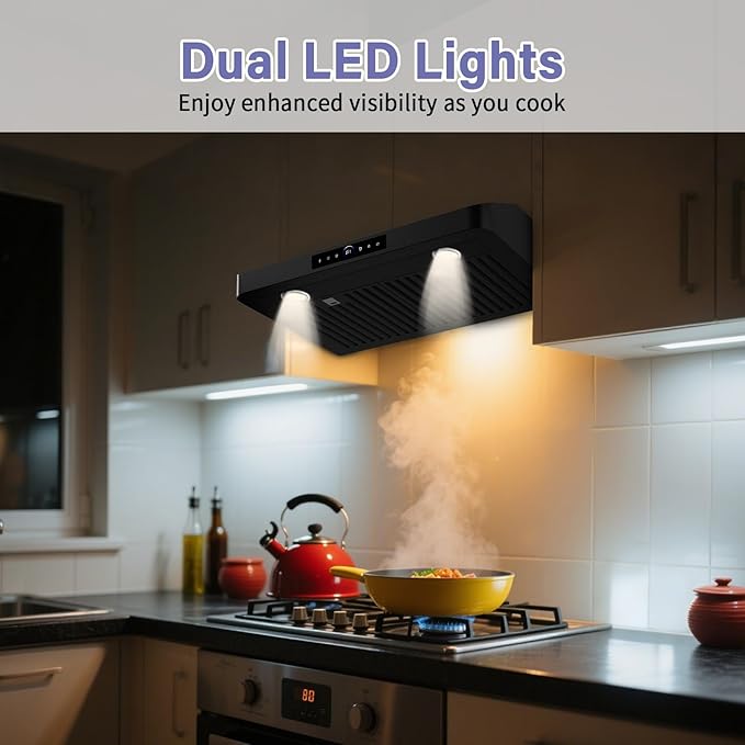30 Inch Under Cabinet Range Hood,1200CFM Vent Hood with Powerful Suction,4-Speed Exhaust Fan,Stainless Steel Ducted Kitchen Hood Extractor with Led Lights,Smart Touch Panel,15S-E30BK