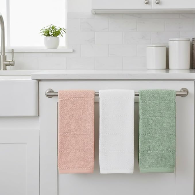 Sage Pink White Kitchen Hand Dish Towels, 100% Cotton - Image 2