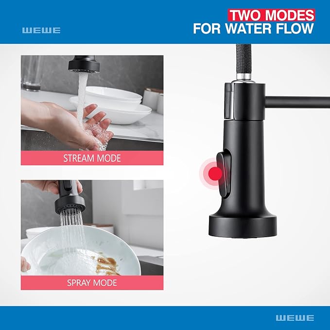 WEWE High Arc Pull-Out Kitchen Faucet, 2-Mode Sprayer, Matte Black | 17-Inch - Image 3