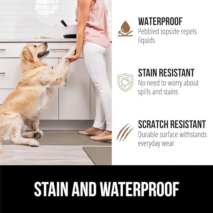 GORILLA GRIP 2 Pack Comfortable Cushioned Kitchen Mats for Floor, 17x29 + 17x59, Waterproof and Stain Resistant, 1/2 Inch Thick Soft Ergonomic Standing Desk Anti Fatigue Mat, Foam Supports Feet, Beige