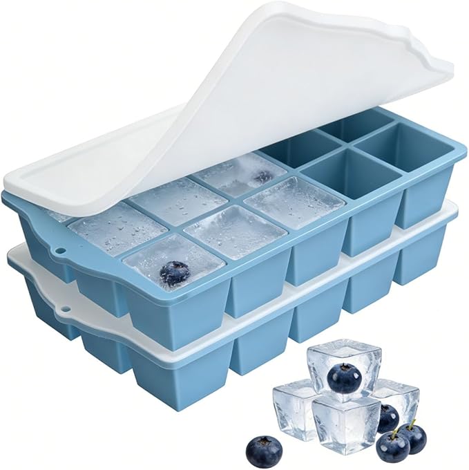 Silicone Ice Cube Tray, 2 Pack Easy-Release Stackable Ice Trays for Freezer with Lid 15 Reusable Cubes, Food Grade BPA Free Ice Molds for Whiskey, Baby Food, Coffee, Cocktail, Drinks (Blue)