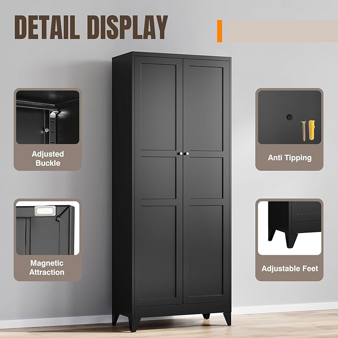 Yizosh Metal Pantry Cabinet, 75" Kitchen Pantry with 2 Door and 4 Adjustable Shelves,Black Metal Pantry Storage Cabinet,Cupboard for Kitchen,Dining Room,Living Room and Bathroom