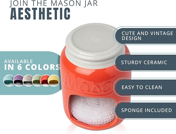 Comfify Coral Mason Jar Ceramic Sponge Holder – Farmhouse Sink Caddy - Image 2