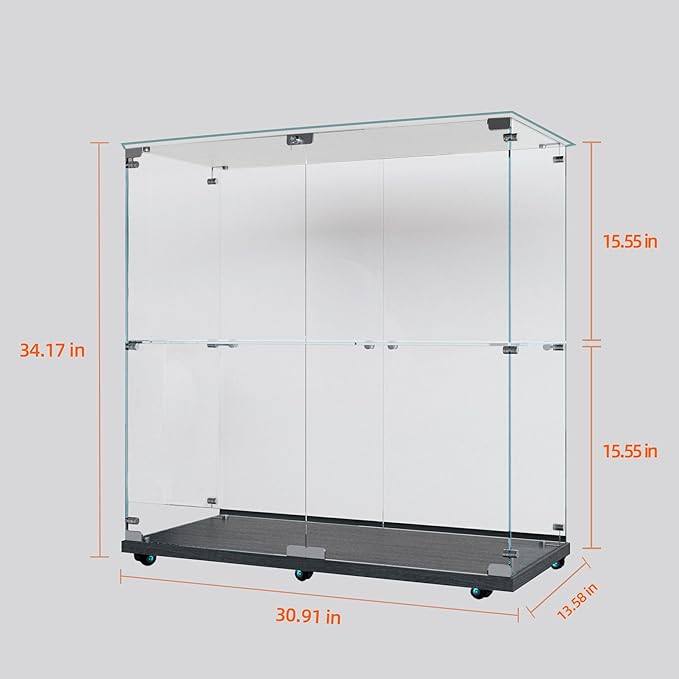 Yoluckea 2 Tiers Glass Display Cabinet with Bluetooth LED Light Strip, 2 Doors Floor Standing Curio Cabinet with Universal Wheel for Home, Black Glass Bookshelf for Collections, Clear Top