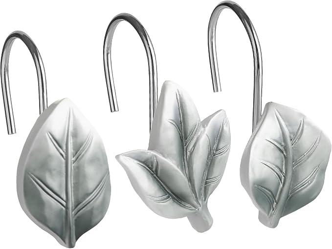 Grey Plant Leaf Shower Curtain Hooks, Eucalyptus Bathroom Decor, Metal Rustproof by Gibelle
