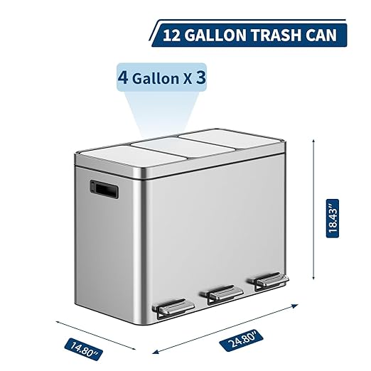 Garvee 12 Gallon Stainless Steel 3 Compartment Trash Can - 3x15L Recycling Bin with Soft-Close Lid, Fingerprint-Proof Kitchen & Office Waste Sorting Bin