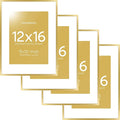 Homeforia 12x16 Picture Frame Gold, High End Metal 12x16 Poster Frames with Mat 9x12 for Photo, 12 x 16 Gold Frame Matted to 9 by 12 Print, 16x12 Thin Hanging Frame, Tempered Glass, Wall Kit, Set of 4