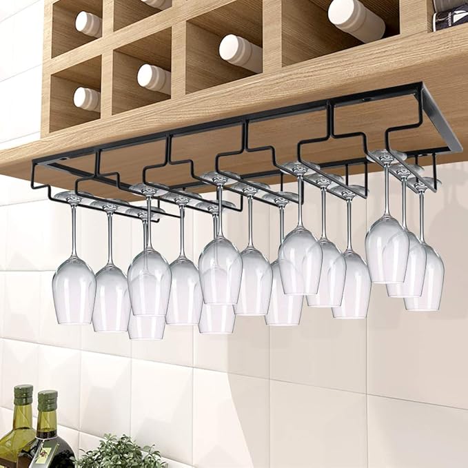 MOCOUM Wine Glasses Rack Under Cabinet Stemware Rack,Wine Glass Hanger Rack Wire Wine Glass Holder Storage Hanger for Cabinet Kitchen Bar (Black, 6 Rows 1 Pack)