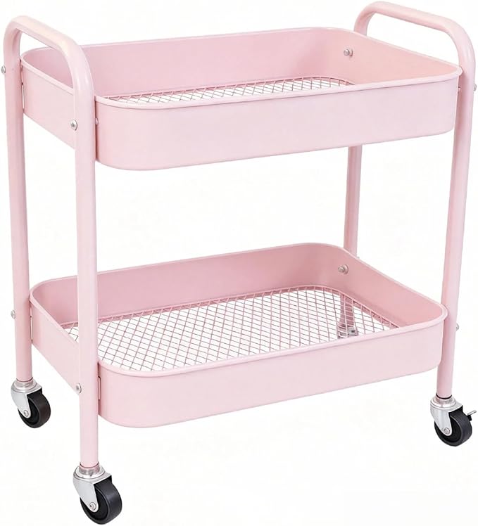 Pink 2 Tier Rolling Cart Metal with Wheels Under Desk Storage Cart for Small Space Organization, Small Trolley for Pantry Room Laundry Bathroom Kitchen Office Art Snack Baby Supplies