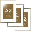 Homeoforia A2 Picture Frame Bronze, High End Metal 16.5 x 23.4 inch Poster Frames with Mat 11.7 by 16.5 Photo, A2 Size Brass Frame Matted to A3 Print, 16.5x23.4 Hanging Frame, Tempered Glass, Set of 3