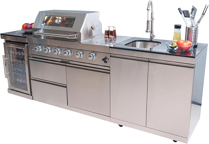 4 Burner Outdoor Kitchen Island with Grill and Side Burner, Deluxe Stainless Steel Modular Outdoor Kitchen, 72000 BTU, Gas Propane BBQ Island with Refrigerator, 2 Doors Sink, Rotisserie, 104"W, Silver