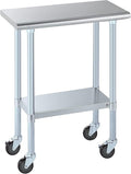 ROCKPOINT Stainless Steel Table for Prep & Work with Caster Wheels 14x30 Inches, NSF Metal Commercial Kitchen Heavy Duty Table with Adjustable Under Shelf and Table Foot for Restaurant, Home and Hotel