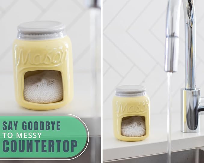 Comfify Yellow Mason Jar Ceramic Sponge Holder – Farmhouse Sink Caddy - Image 4