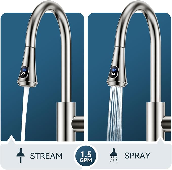 FORIOUS Kitchen Faucet with Temperature Digital Display, Brushed Nickel | High - Image 3