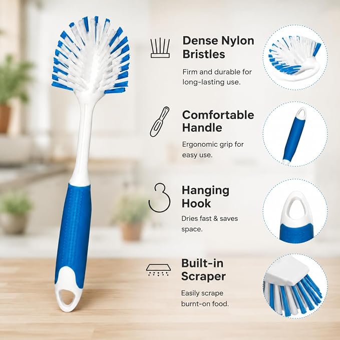 2-Pack Dish Brushes with Scraper, Durable Nylon Bristles Kitchen Scrub Brush - Image 6