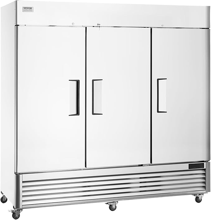 VEVOR Commercial Freezer 60.42 Cu.ft, Reach In 82.5" W Upright Freezer 3 Doors, Auto-Defrost Stainless Steel Reach-in Freezer with 12 Adjustable Shelves, -13 to 5℉ Temp Control, LED Lighting, 4 Wheels