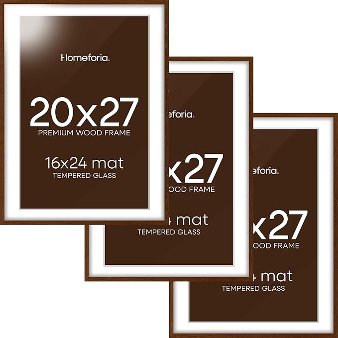 Homeforia 20x27 Picture Frame Brown, High End Dark Oak 20x27 Poster Wood Frame with Mat 16x24 for Photo, 20 x 27 Wooden Walnut Frame Matted to 16 x 24, 27x20 Frames, Tempered Glass, Wall Kit, Set of 3