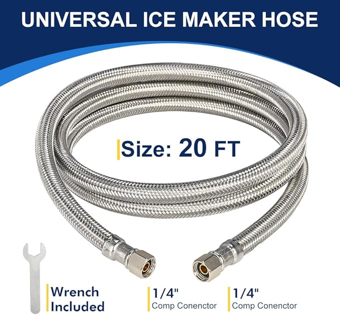 20FT Stainless Steel Braided Ice Maker Supply Line – 1/4″ Compression x 1/4″ Compression Fittings, Lead‑Free, Burst‑Proof, Universal Fit, NSF/UPC Certified, 10‑Year Warranty