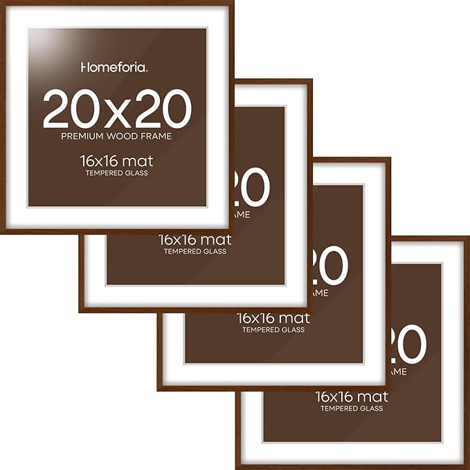 Homeforia 20x20 Brown Picture Frame, High End Dark Oak 20 x 20 Square Wood Frame with Mat 16 x 16 for Photo, 20by20 Wooden Walnut Poster Frame Matted to 16x16 Print, Tempered Glass, Wall Kit, Set of 4