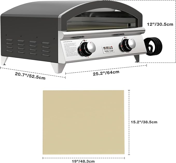 Mimiuo 25 Inch Outdoor Gas Pizza Oven, Portable Propane Pizza Oven with Large Baking Stone - Make 2 Pizzas At Once - Multifunctional Stainless Steel Grilling Stove to Cook Steak Meat Seafood