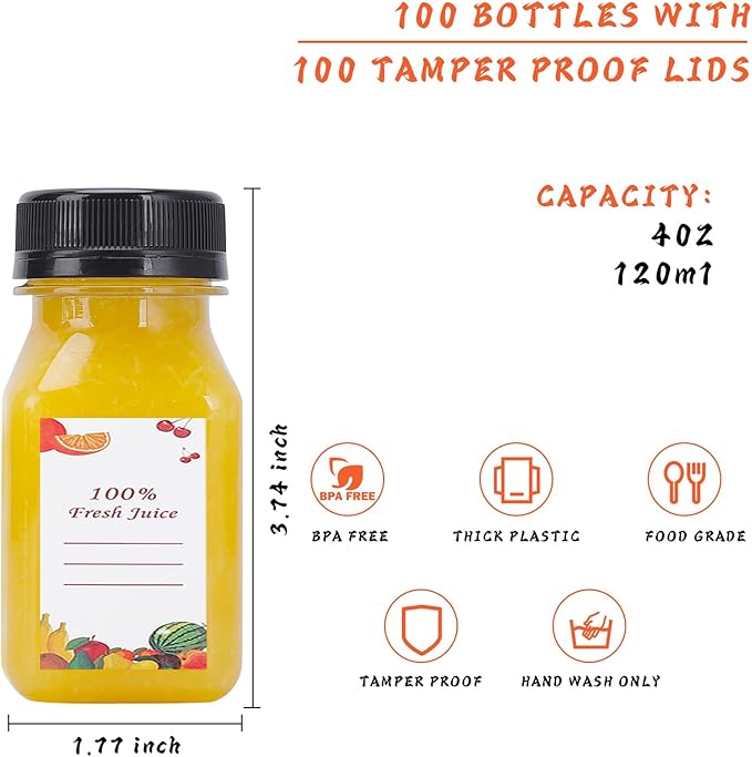Plastic Juice Bottles 150 pcs 4 oz Empty Plastic Water Bottles with Caps Reusable Clear Beverage Containers for Drinking, Juicing, Smoothie, Water with 2 Brushes, 2 Funnels, 160 Stickers (4 OZ)