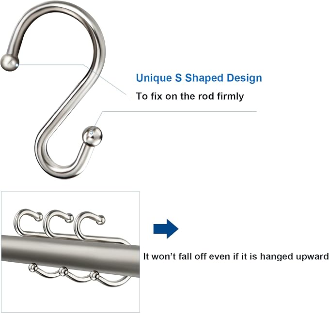 TOPROD Shower Curtain Hooks Rings, Zinc Alloy S Shaped Shower Hooks Rust Proof - Image 4