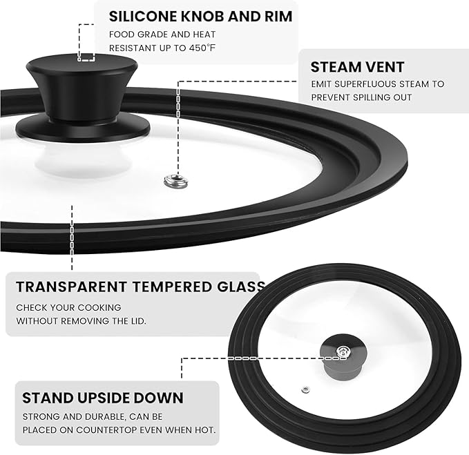 Universal Lid for Pots, Pans and Skillets, Tempered Glass Lid fit 6.5", 7", 8" Skillets, Pots, Frying Pans, Cast Iron, Crock Pot and Other Glass Covers Replacement