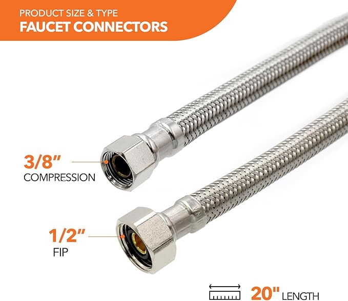 Faucet Connection Bundle Kit, Stainless Steel Faucet Water Hose, 3/8" Compression x 1/2" FIP, 20" Length (2) + Supply Stop Angle Valves, 5/8" Compression x 3/8" Compression (2)