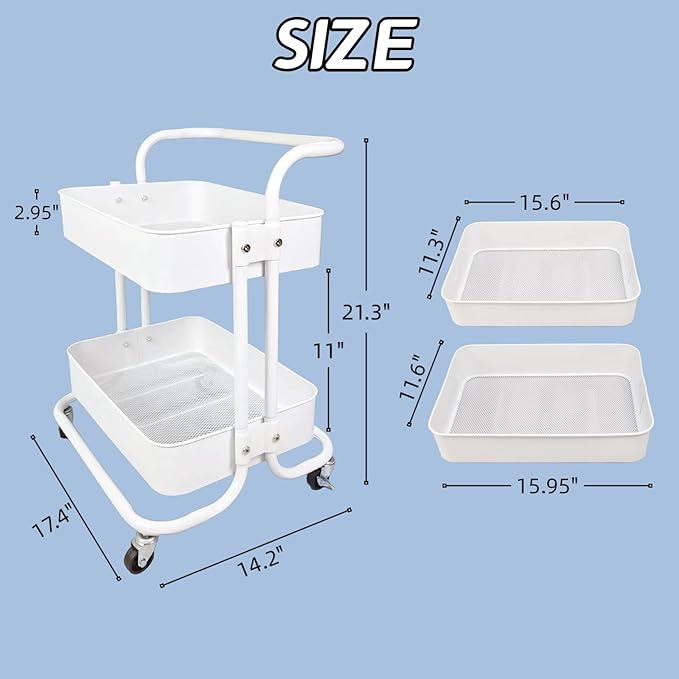 2 Tier Cart with Wheels Under Desk Storage with Handle, Metal Rolling Pantry Cart for Kitchen White Small Rolling Basket for Laundry Room Bathroom, Utility Shelf Organizer for Small Space
