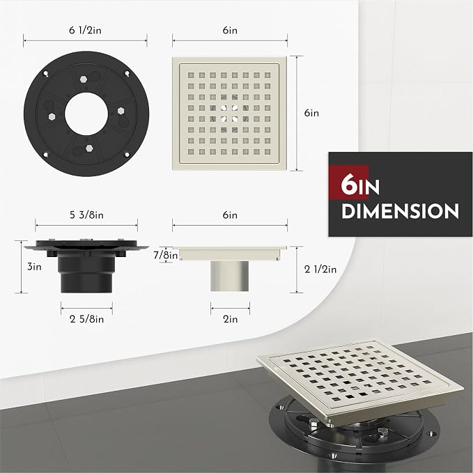 6 Inch Square Shower Floor Drain - Image 2