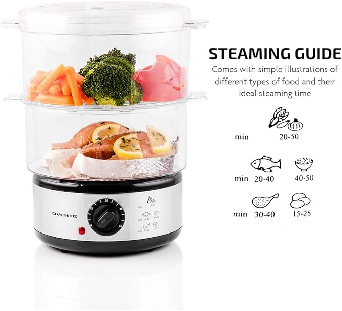 OVENTE 2-Tier Electric Food Steamer, 5 Quart Stainless Steel Stackable Steam Cooker with 400W Power, 60-Minute Timer & Auto Shut-Off, Dishwasher Safe, Healthy Vegetable & Seafood Steamer, Silver FS62S