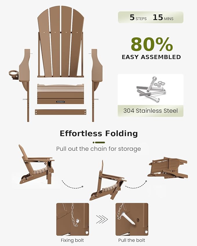 MUCHENGHY Folding Adirondack Chairs 4 Pack, Patio Chairs, Lawn Chairs, Outdoor Chairs, Adirondack Chair Plastic, Fire Pit Chairs, Weather Resistant with Cup Holder for Deck, Backyard, Garden(Teak)