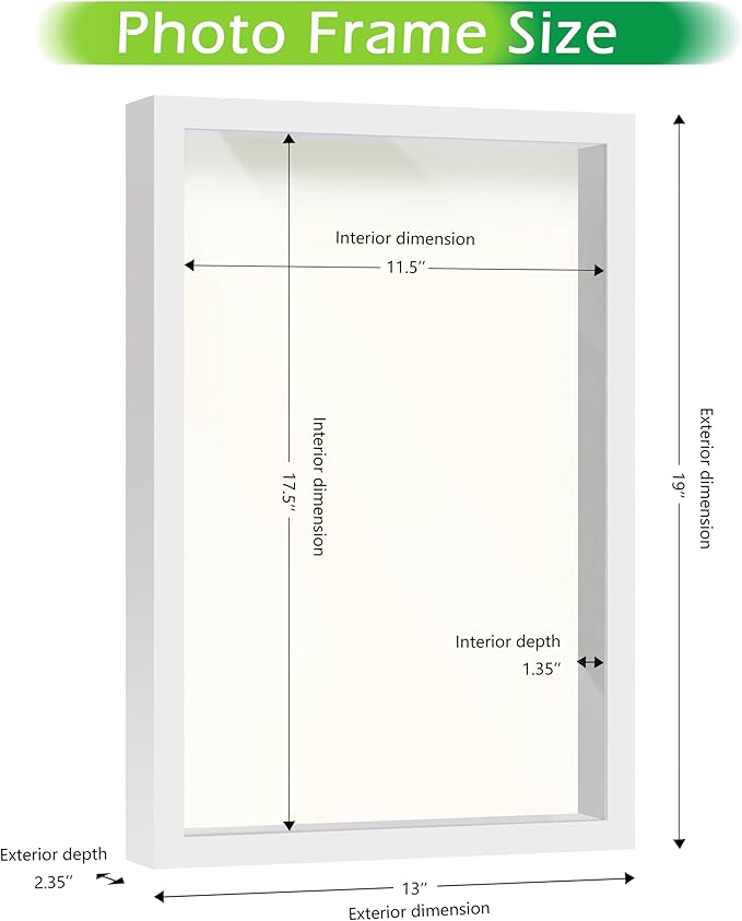 FrameWorks 12" x 18" White Wooden Shadow Box Frame – Soft Felt Back, Tempered Glass, and Included Elegant White Ball Push Pins