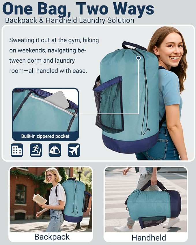 Laundry Bag with Shoulder Straps and Mesh Pocket Laundry Backpack Large - Image 4