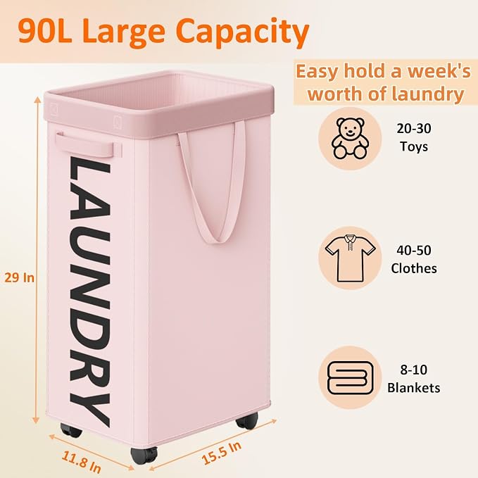 Optish 90L Laundry Basket with Wheels, Rolling Hamper with Removable Bag - Image 3
