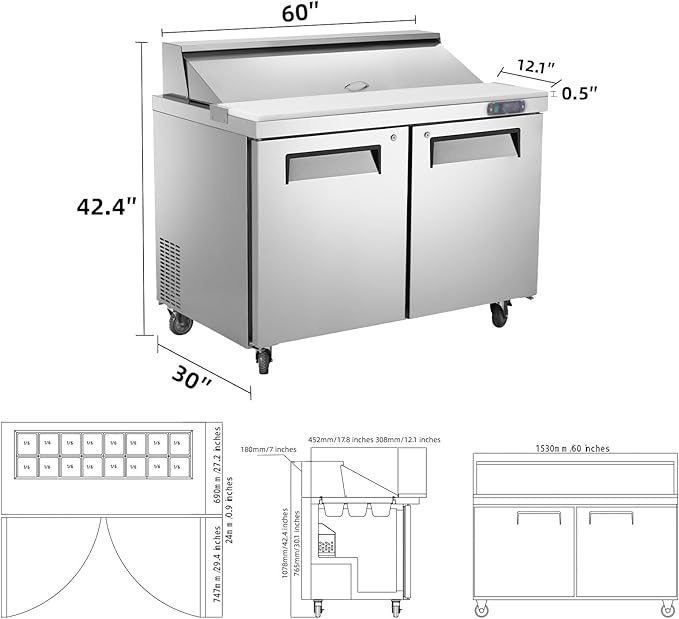 JINSONG Stainless Steel Sandwich & Salad Prep Table, Commercial Refrigerated Food Prep Station with Cutting Board & 8 Pans, 7.4 cu. ft Fridge Salad Bar for Restaurants (60''W 16.4 Cu.ft)
