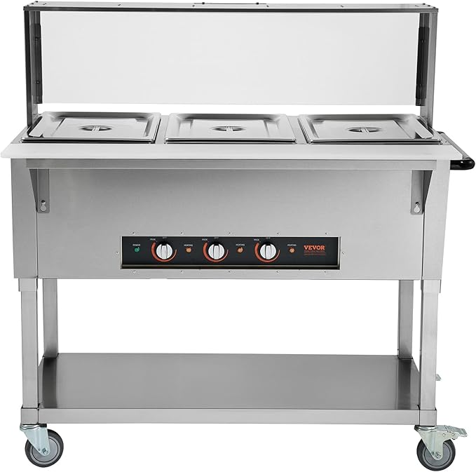VEVOR 3-Pan Commercial Food Warmer, 3 x 20.6QT Electric Steam Table, 1500W Professional Buffet Catering Food Warmer with Acrylic Sneeze Guard, Food Grade Stainless Steel Server for Party Restaurant